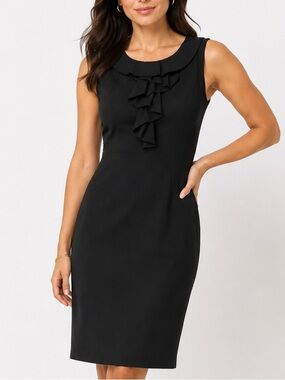 Halogen Black Wool Sheath Dress 12P Ruffle Sleeveless Career Office Petite